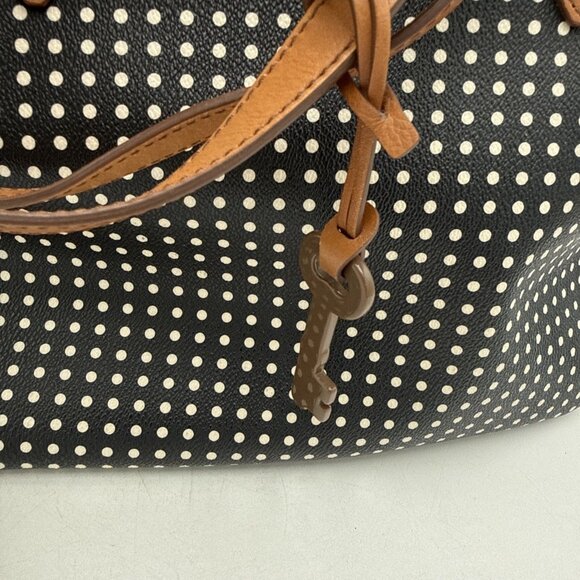Fossil Sydney Black & White Polka Dot Tote Bag Vinyl Leather Straps Trim Zip top - Picture 7 of 10